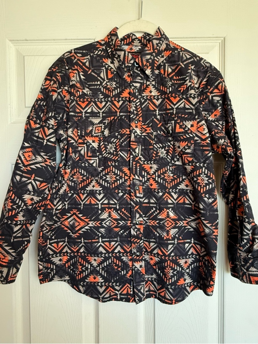 Rock & Roll: Slim Fit Peach/Black Aztec Print Pearl Snap Shirt